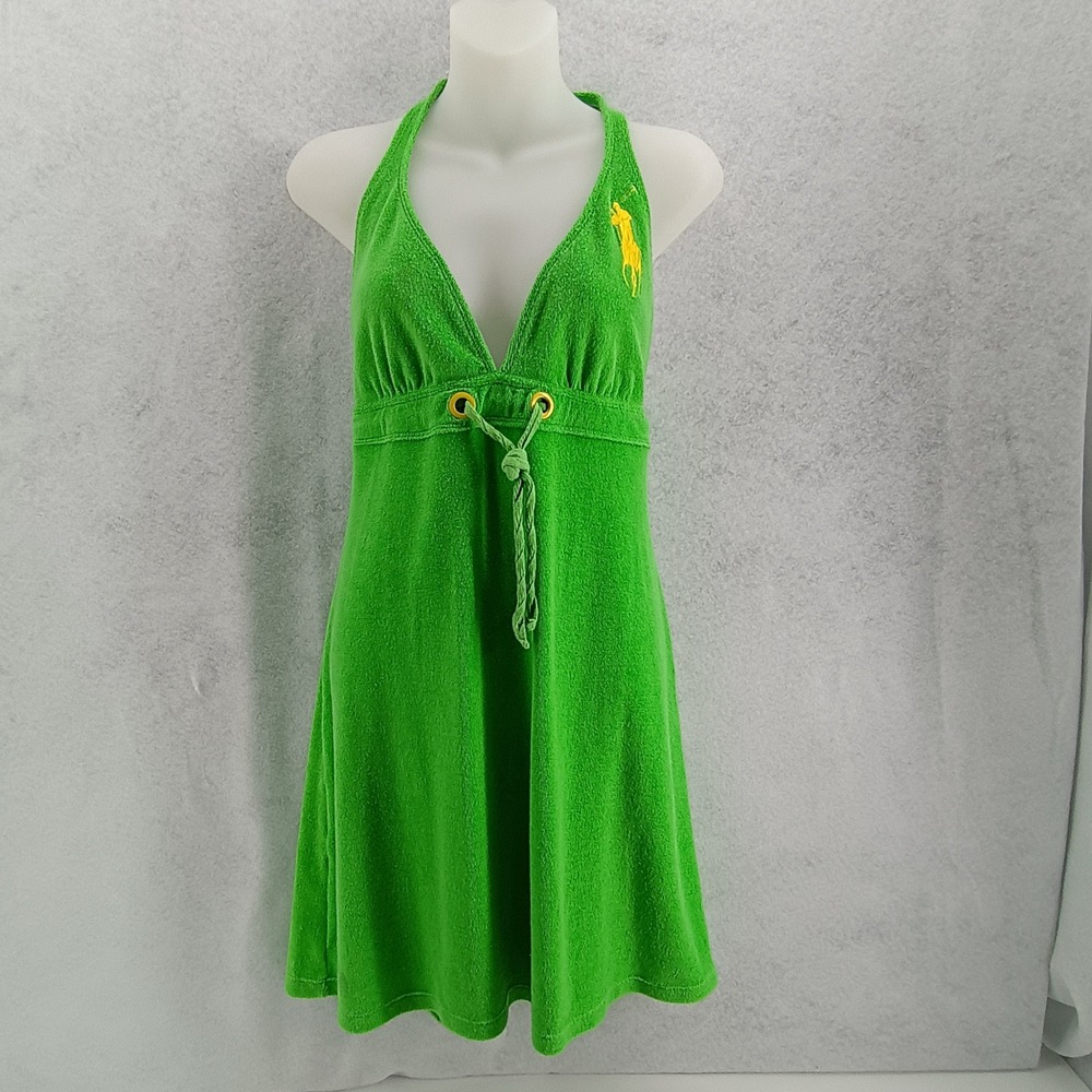 Ralph Lauren Green Terry Cloth Halter Swim Cover Up Dress Pony Logo Large